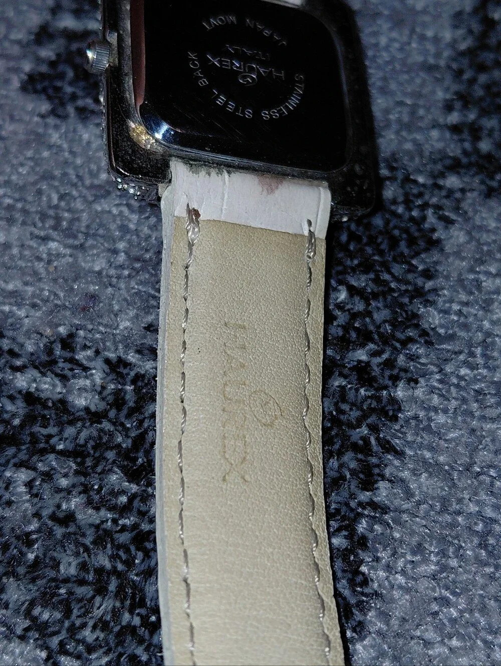 Haurex Italy Crystal Pavé Mother of Pearl Square Watch White Leather Y2K Glam CC